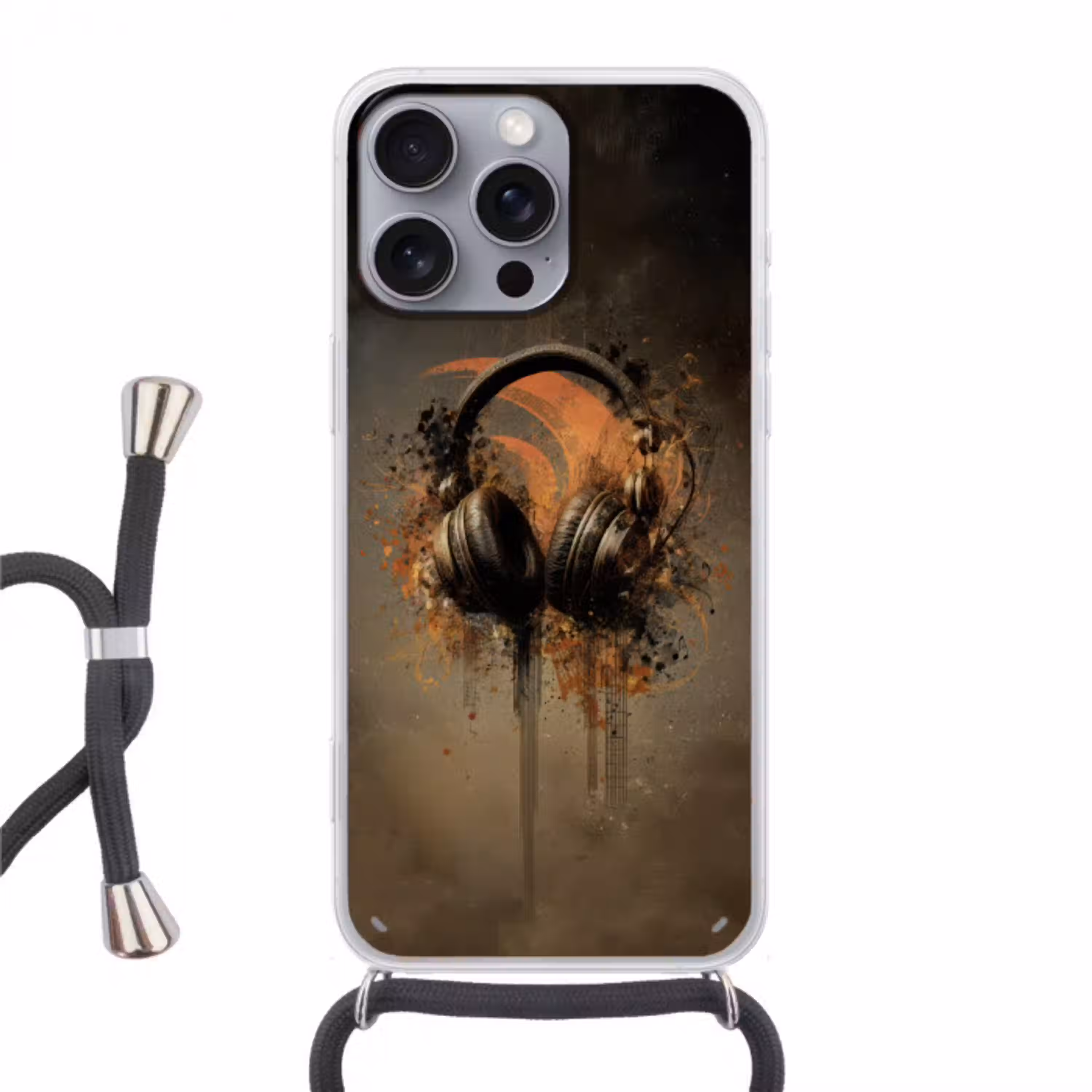 Koptelefoon - Bruin - Verf - Vintage Hoesje iPhone 16 Pro Max met koord klein -3d