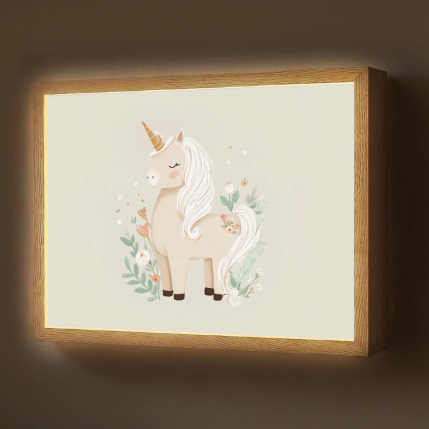 Eenhoorn - Bloemen - Beige Light Box met batterij (Wandlamp) middel -z3d_website