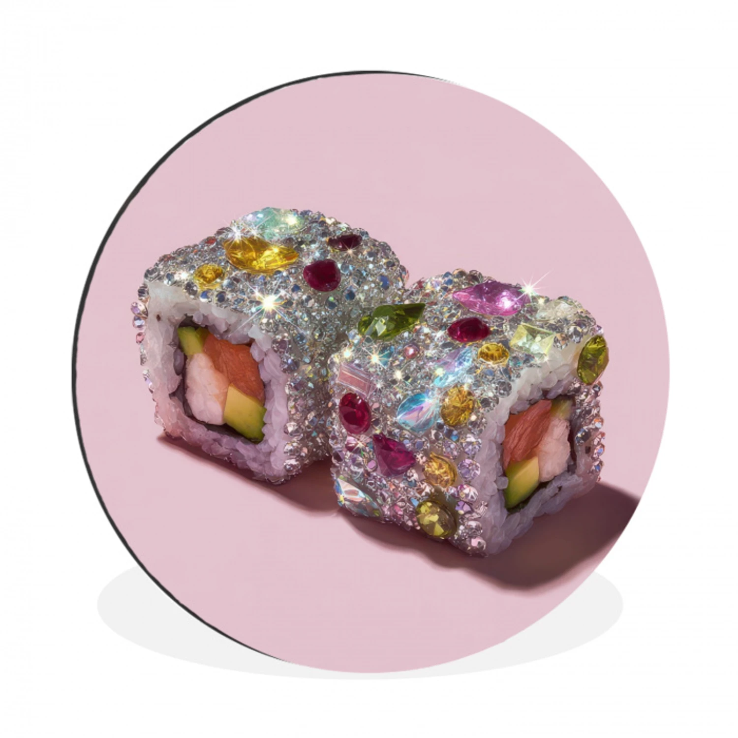 Sushi - Rolletjes - Steentjes - Kleurrijk Wandcirkel aluminium klein -3d