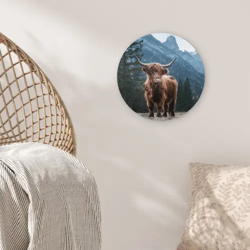 Schotse hooglander - Berg - Landschap - Bomen - Koe - Natuur Wandcirkel kunststof plaat 5mm dik klein -sfeer5
