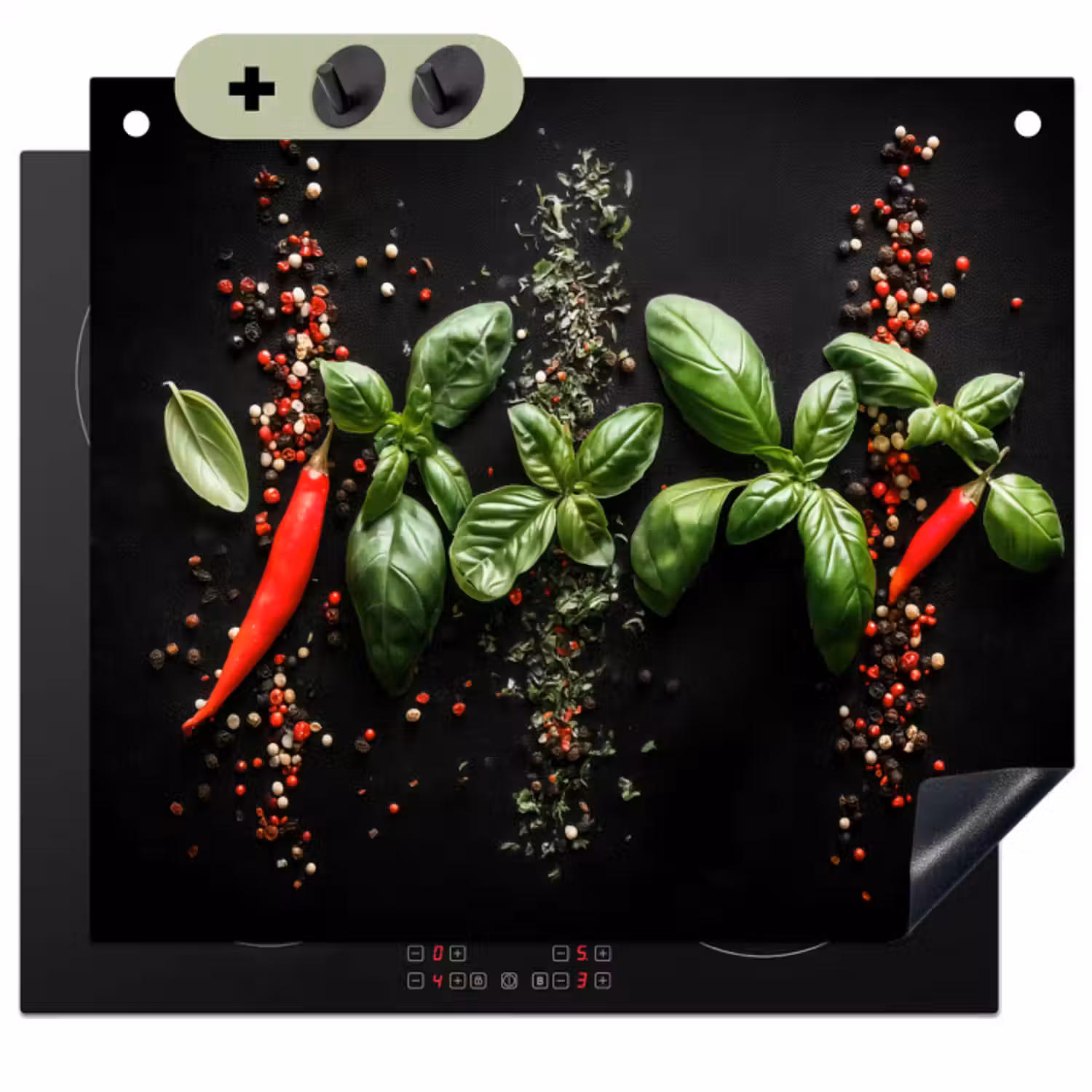 Inductie beschermer en spatscherm (2in1) - Chilipepers - Basilicum - Blaadjes - Rood