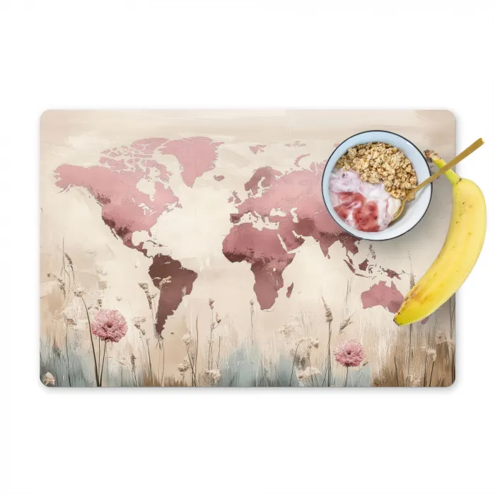 Wereldkaart - Roze - Bloemen Placemat vinyl groot -zzzproduct_Kitchenyeah-website