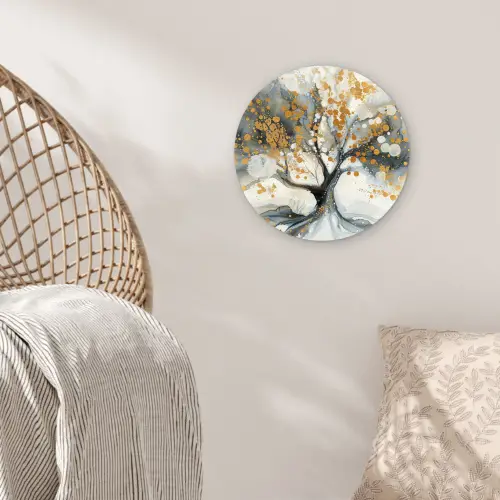 Boom - Modern - Abstract - Goud - Zwart - Wit Wandcirkel kunststof plaat 5mm dik klein -sfeer5