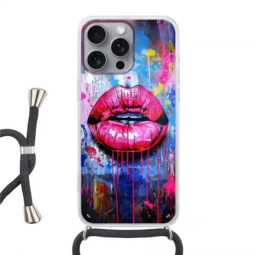 Graffiti - Lippen - Felroze - Geschilderd Hoesje iPhone 16 Pro Max met koord klein -3d