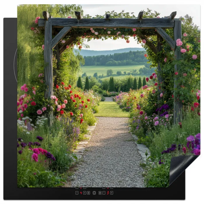 Doorkijk - Landschap - Natuur - Tuinboog - Bloemen Inductie beschermer vinyl 3mm middel -3d