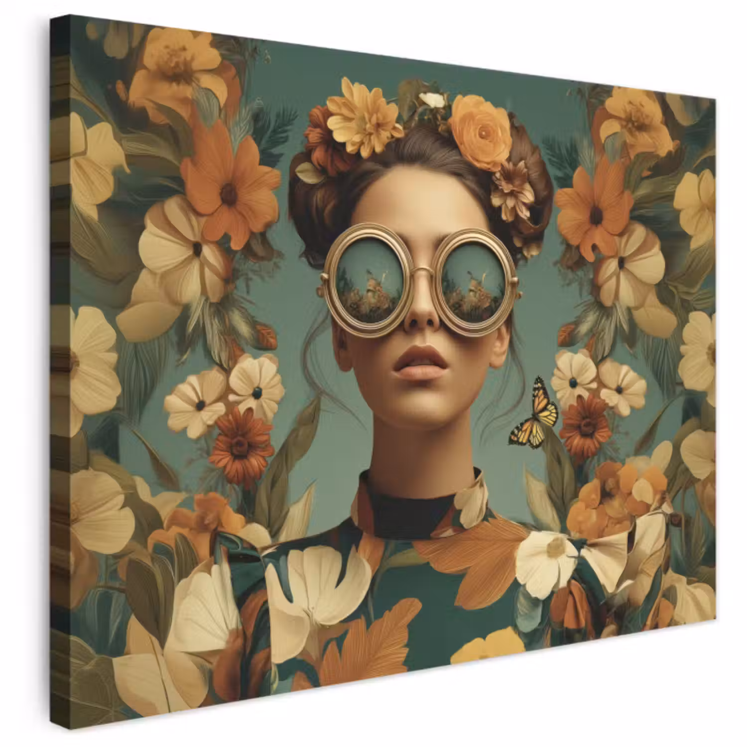Canvas schilderij - Bloemenkrans - Vrouwengezicht - Zonnebril - Oranje