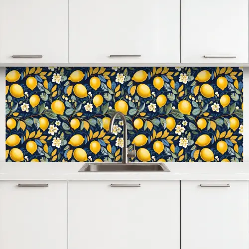 Citroenen - Bloemen - Bladeren - Blauw keuken achterwand 2 middel 871 -3d