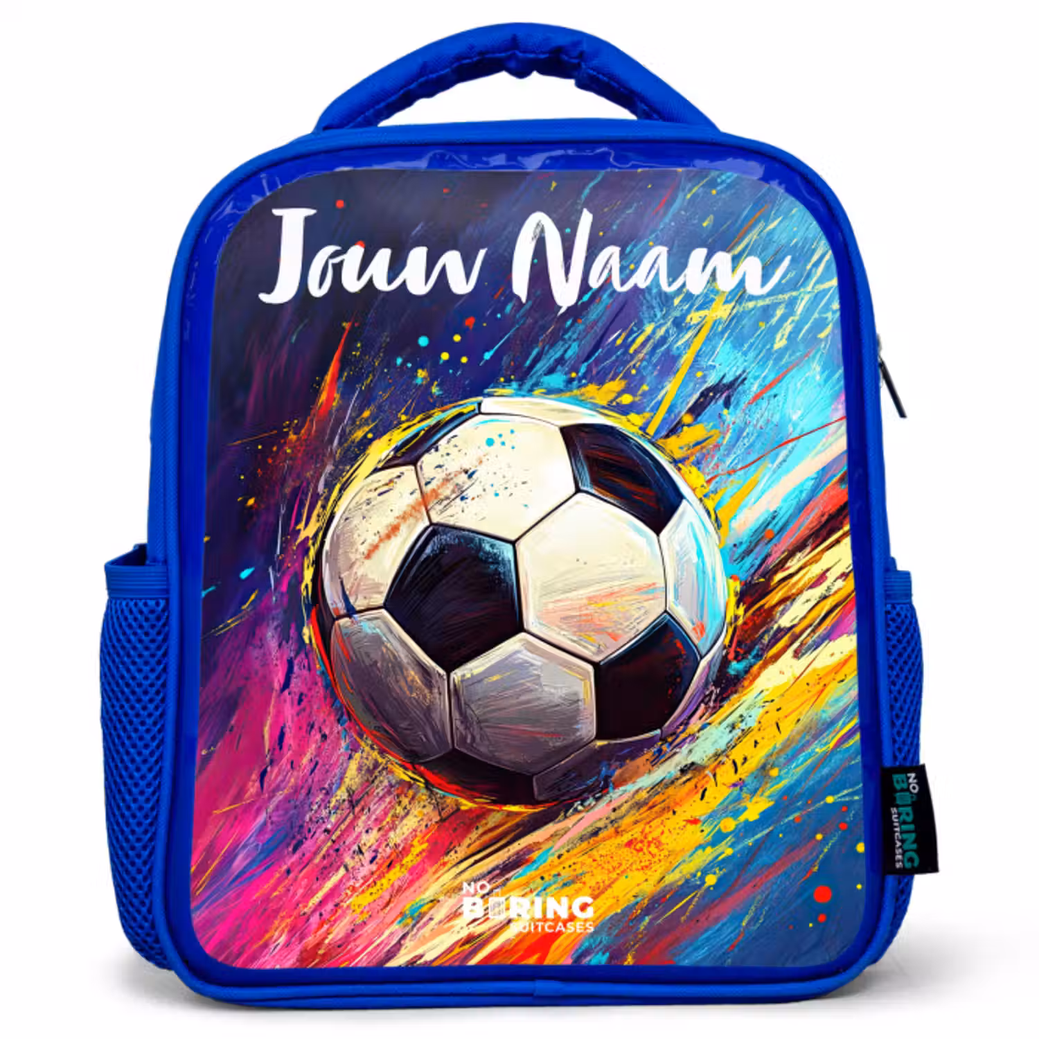 Kinderrugzak met naam - Blauw - Neon - Voetbal - Kleurrijk