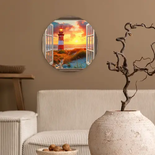 Doorkijk - Raam - Vuurtoren - Zonsondergang - Strand Wandcirkel kunststof plaat 5mm dik klein -sfeer1