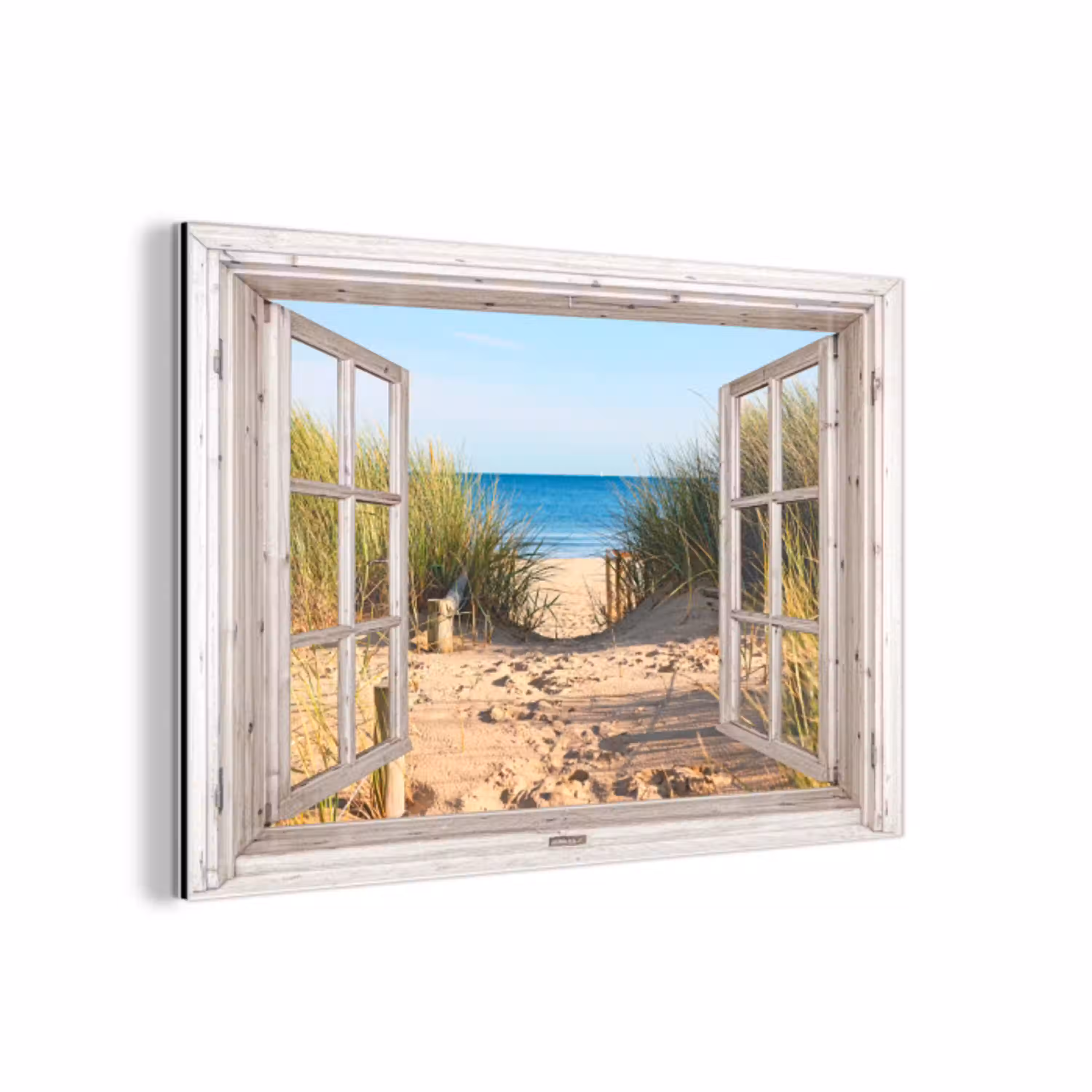 Doorkijk - Strand - Zee - Duinen - Zand - Water - Helmgras aluminium wit klein -3d