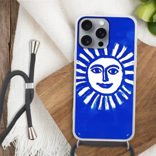 Zon - Gezicht - Penseelstructuur - Blauw Hoesje iPhone 16 Pro Max met koord klein -sfeer4