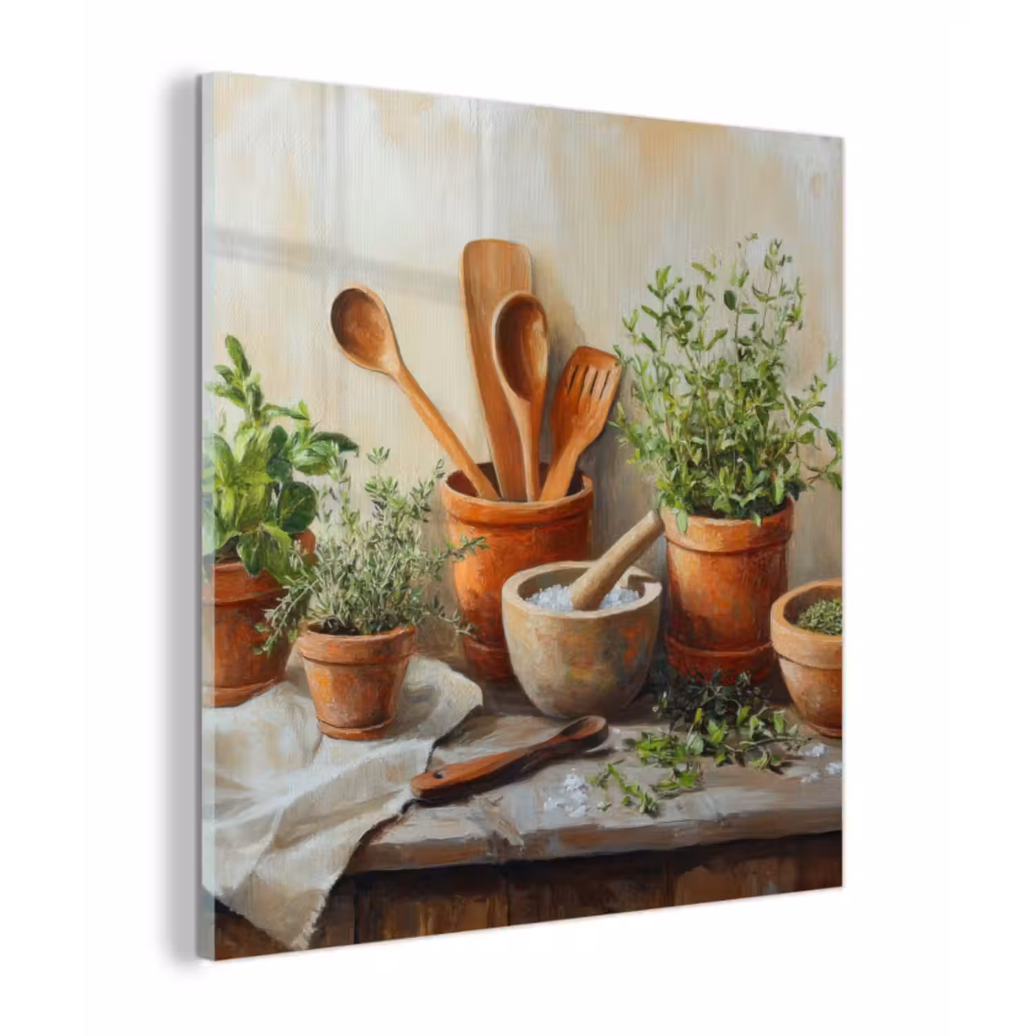 Glas schilderij - Potten - Kruiden - Hout