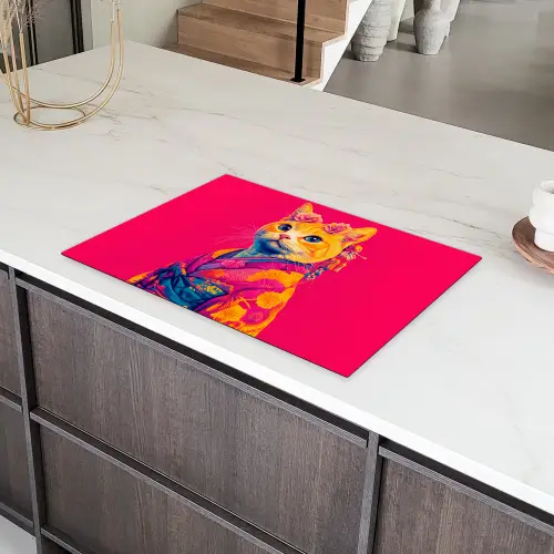 Kat - Kimono - Bloemen - Roze Inductie beschermer vinyl 3mm klein -sfeer8