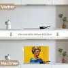 Frida Kahlo - Vrouw - Geel - Blauw - Bloemen keuken achterwand spatscherm klein -voor_na_DE