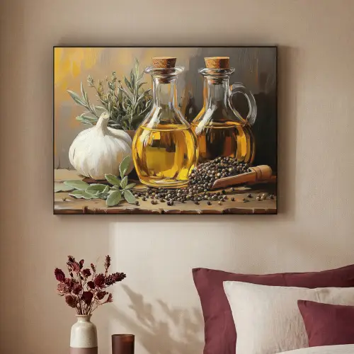 Stilleven - Olijfolie - Knoflook - Kruiden Textielframe zwart klein -sfeer1