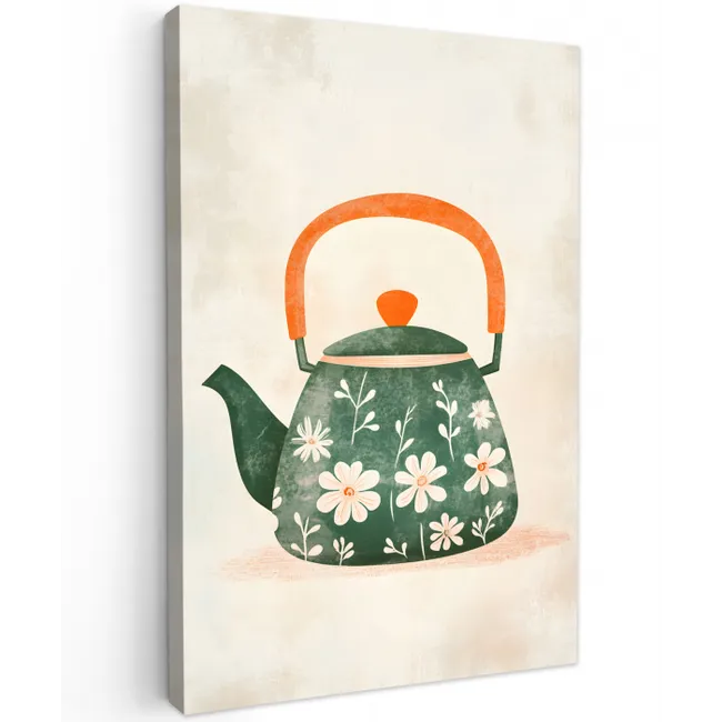 Theepot - Groen - Bloemen - Oranje canvas 2cm klein -z3d