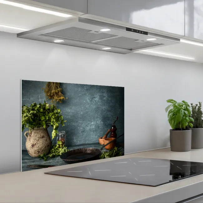 Kruiden - Specerijen - Pan - Mes - Grijs - Rustiek keuken achterwand spatscherm klein -3d_schuin