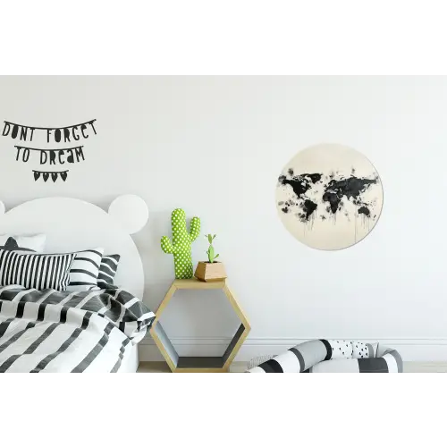 Wereldkaart - Zwart - Inkt Wandcirkel aluminium klein -kinderkamer