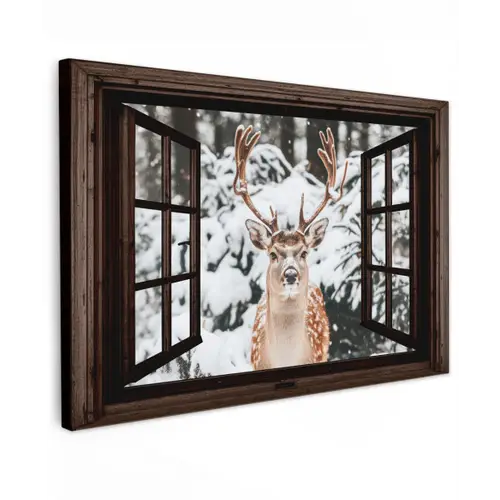 Hert - Sneeuw - Winter - Bos - Dieren - Doorkijk Tuinposter op houten frame 2 cm dik klein -3d