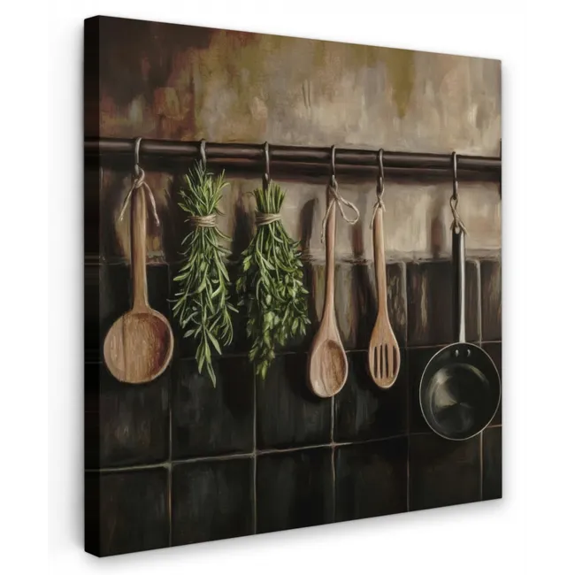 Keukengerei - Rustiek - Tegels - Kruiden Tuinposter op houten frame 2 cm dik klein -3d