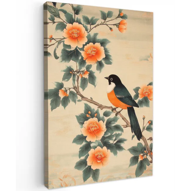 Vogel - Tak - Bloemen - Oranje Tuinposter op houten frame 2 cm dik klein -3d