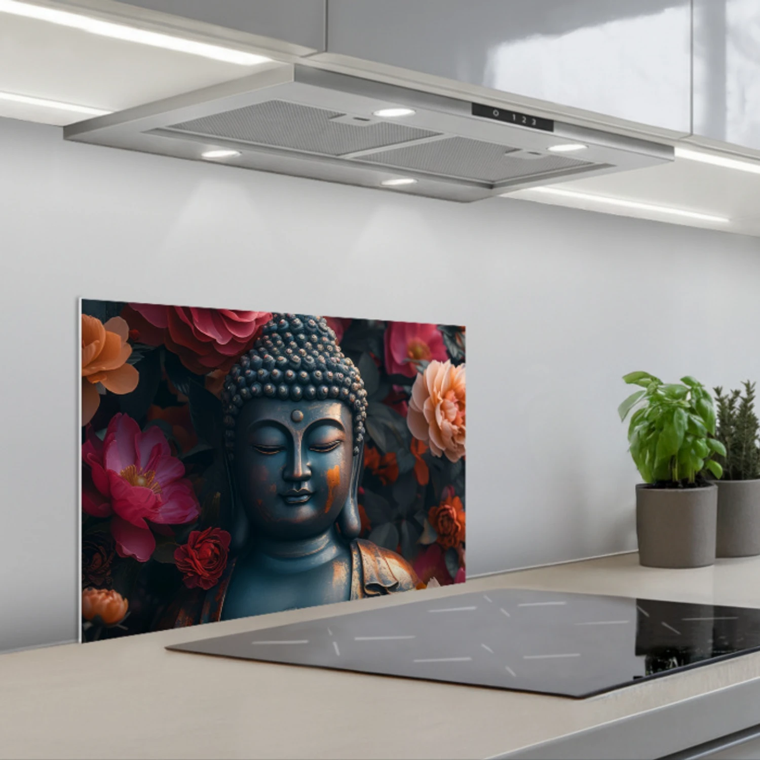 Boeddha - Bloemen - Buddha - Beeld - Kunst keuken achterwand spatscherm klein -3d_schuin