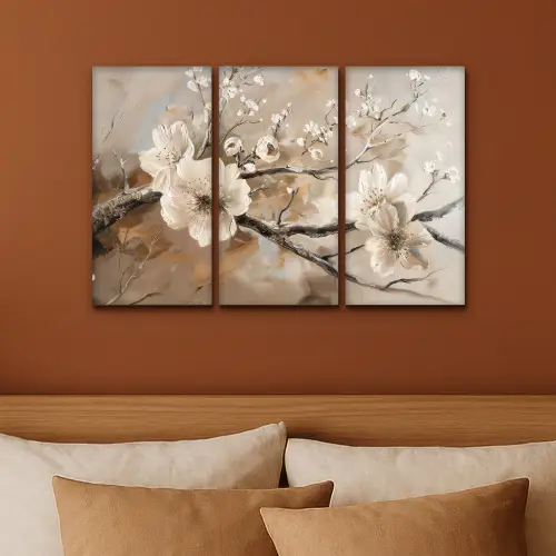 Bloesem - Beige - Abstract - Bloemen Canvas - Meerluiken 3 luik klein -sfeer2