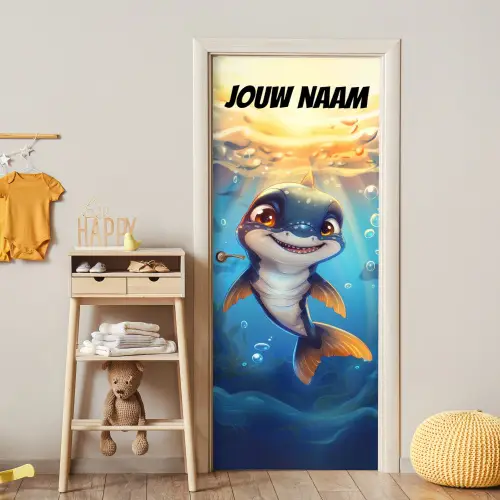 Vrolijke dolfijn onder water met de tekst “Deze kamer is van: jouw naam”. deurposter klein -sfeer4