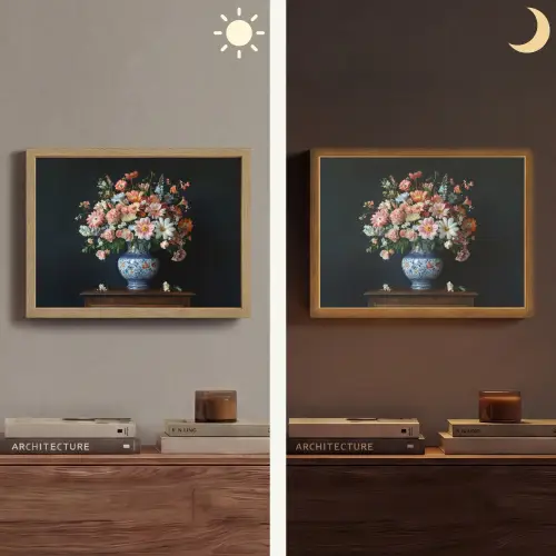 Hout - Vaas - Kleuren - Bloemen Light Box met batterij (Wandlamp) middel -sfeer3