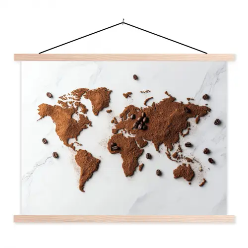 Wereldkaart - Koffie - Marmer textielposter latten blank klein -3d