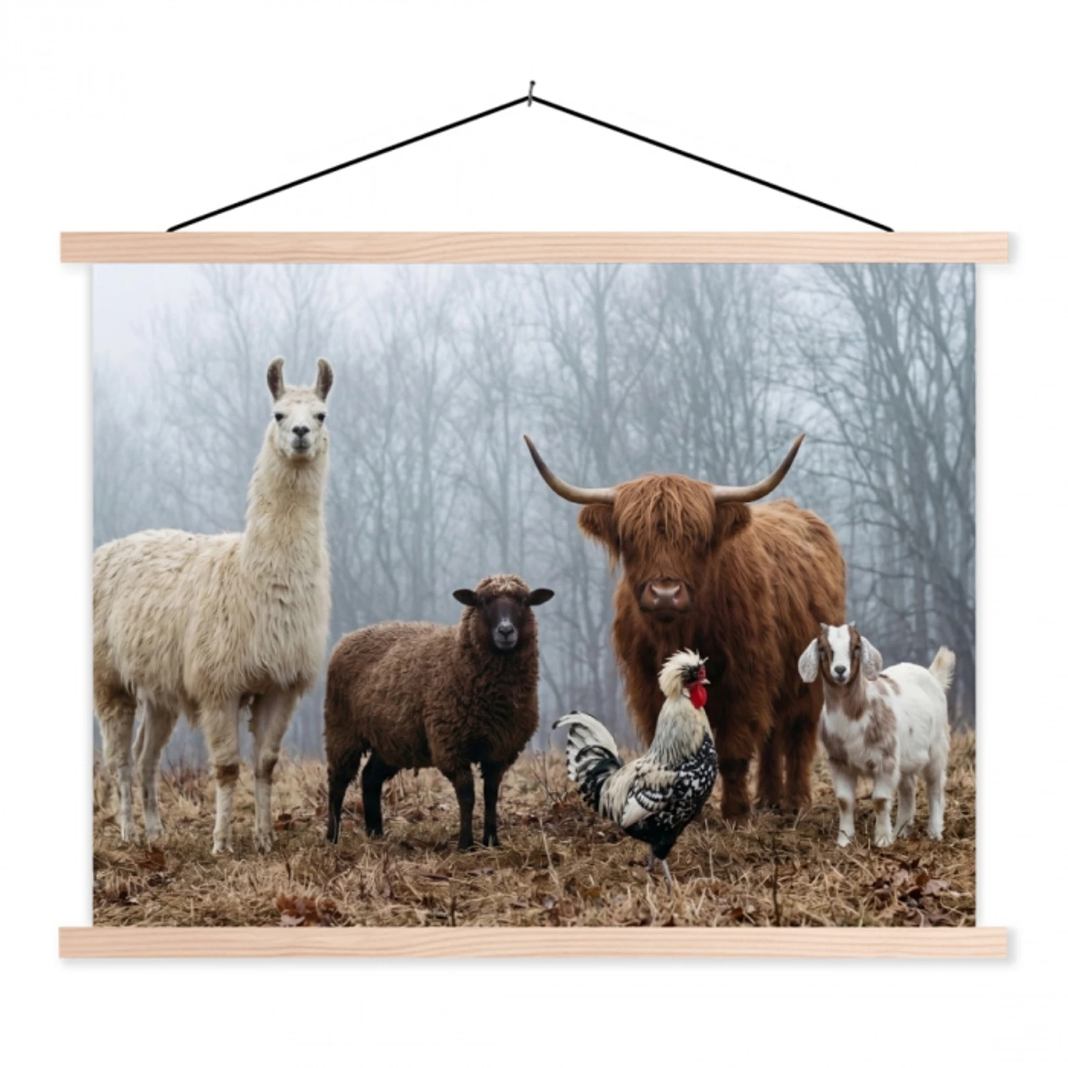 Boerderijdieren - Groep - Mist - Natuur - Rustiek textielposter latten blank klein -3d