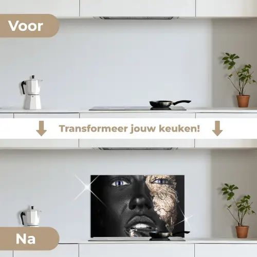 Vrouw - Bladgoud - Zwart - Huid - Luxe keuken achterwand spatscherm klein -voor_na_NL