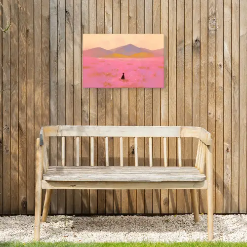 Bloemenweide - Heuvels - Silhouet - Roze Tuinposter op houten frame 2 cm dik klein -sfeer4