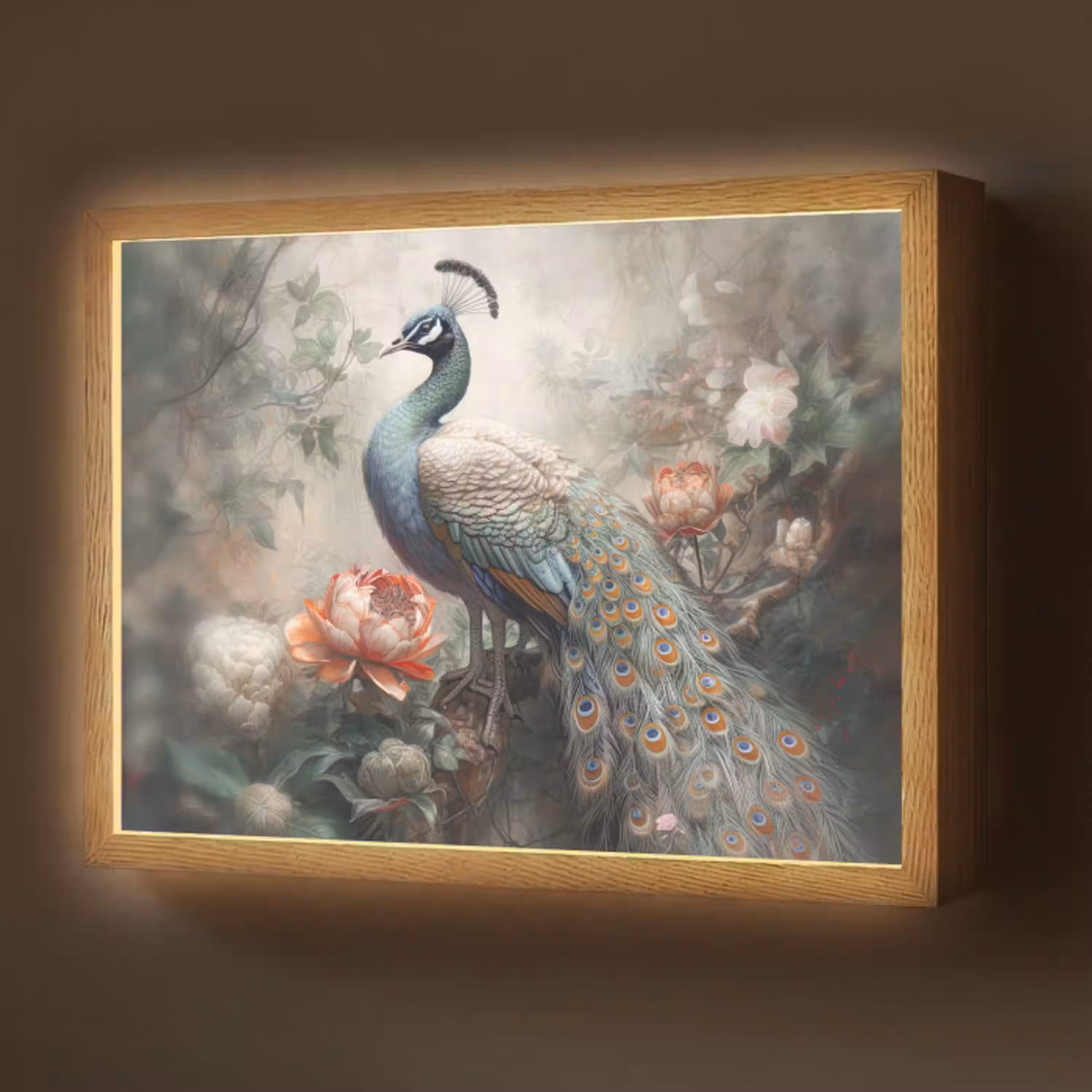 Pauw - Pauwenveren - Vogel - Jungle - Bloemen Light Box met batterij (Wandlamp) middel -z3d_website