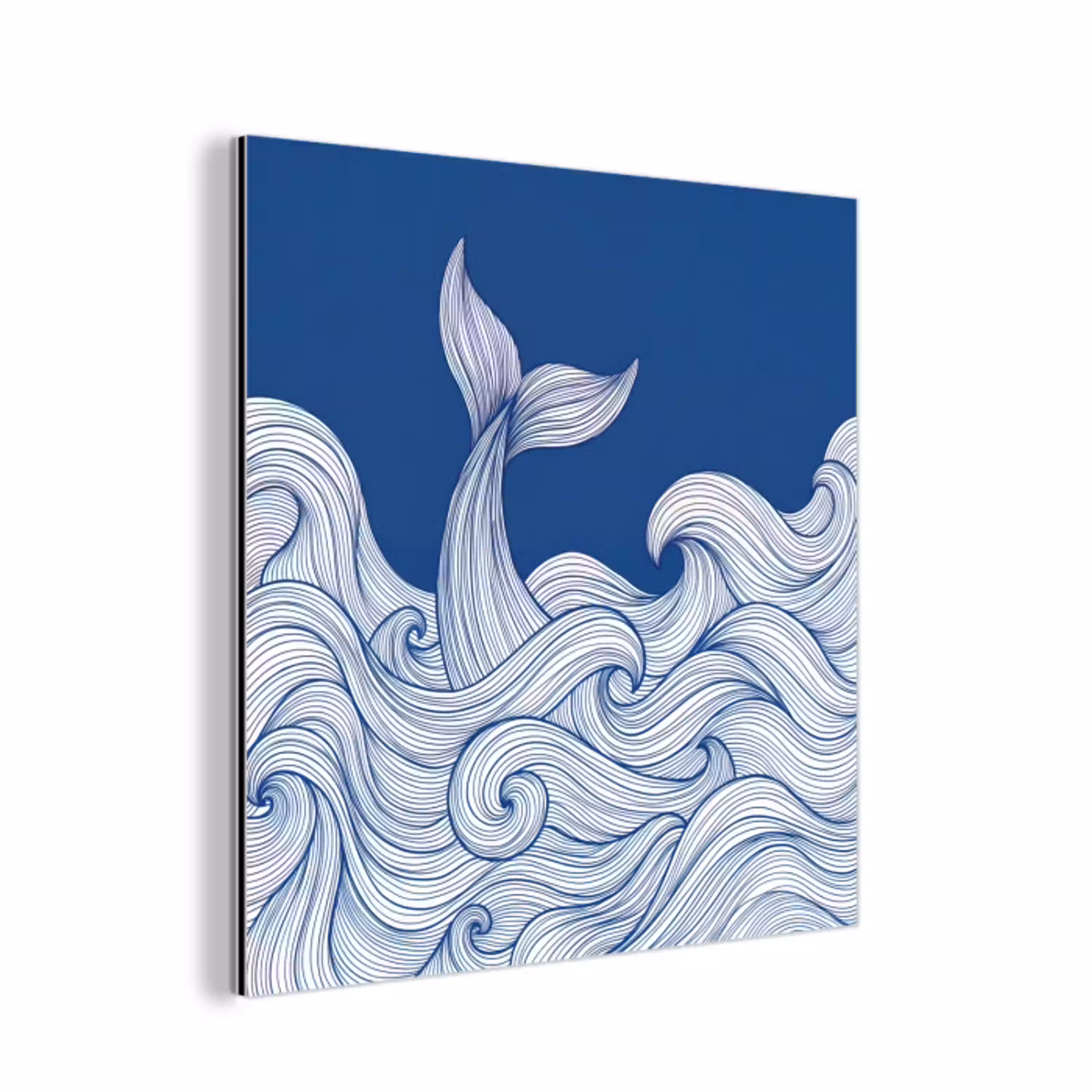 Walvis - Staart - Golven - Lijntekening - Blauw aluminium wit klein -3d
