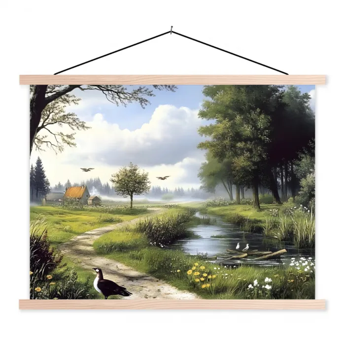 Zandpad - Groen landschap - Water textielposter latten blank klein -3d