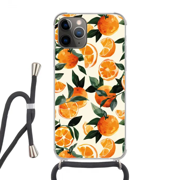 Sinaasappels - Vruchten - Bladeren - Oranje - Groen - Beige Hoesje iPhone 12 Pro met koord klein -3d