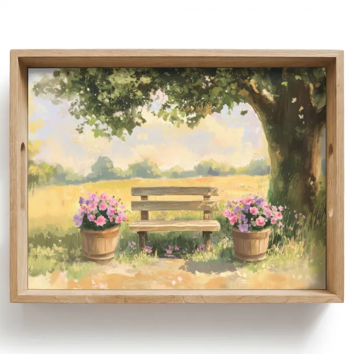 Houten bankje - Bloempotten - Landschap Dienblad Rechthoek middel -z3d_shopping