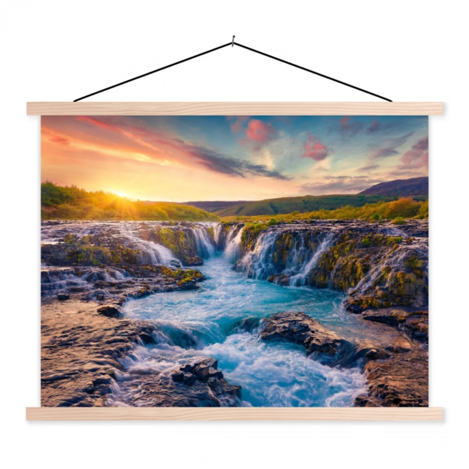 Waterval - Planten - Mos - Landschap - Zonsondergang - Rots textielposter latten blank klein -3d