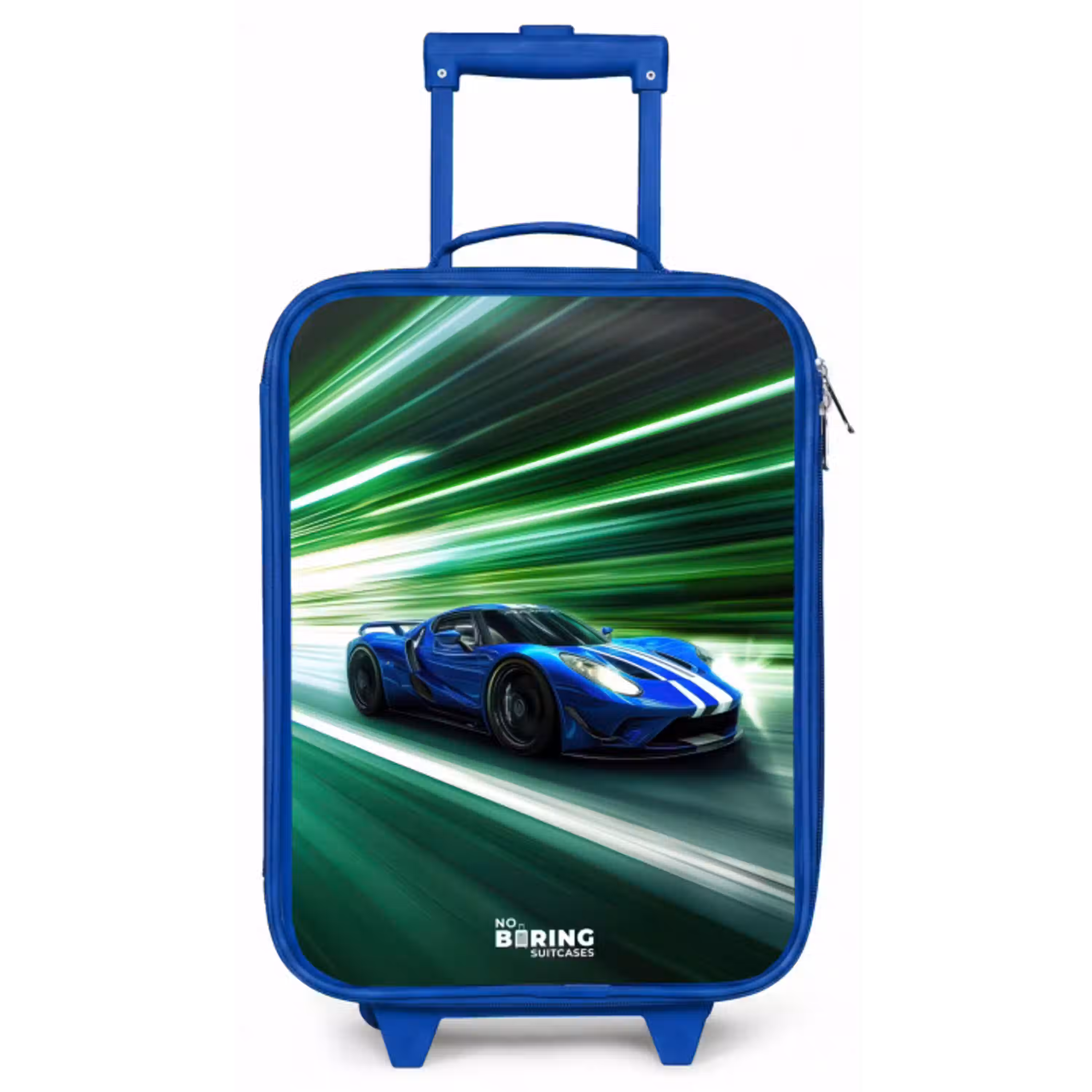 Blauwe raceauto met strepen in groene tunnel Kinderkoffer - Blauw klein -zz3dotto