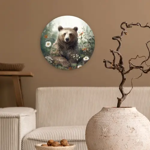 Bruine beer - Wilde dieren - Bloemen - Planten Wandcirkel kunststof plaat 5mm dik klein -sfeer1