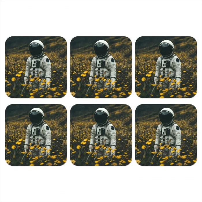 Astronaut - Bloemen - Veld - Geel onderzetter kurk middel -3d