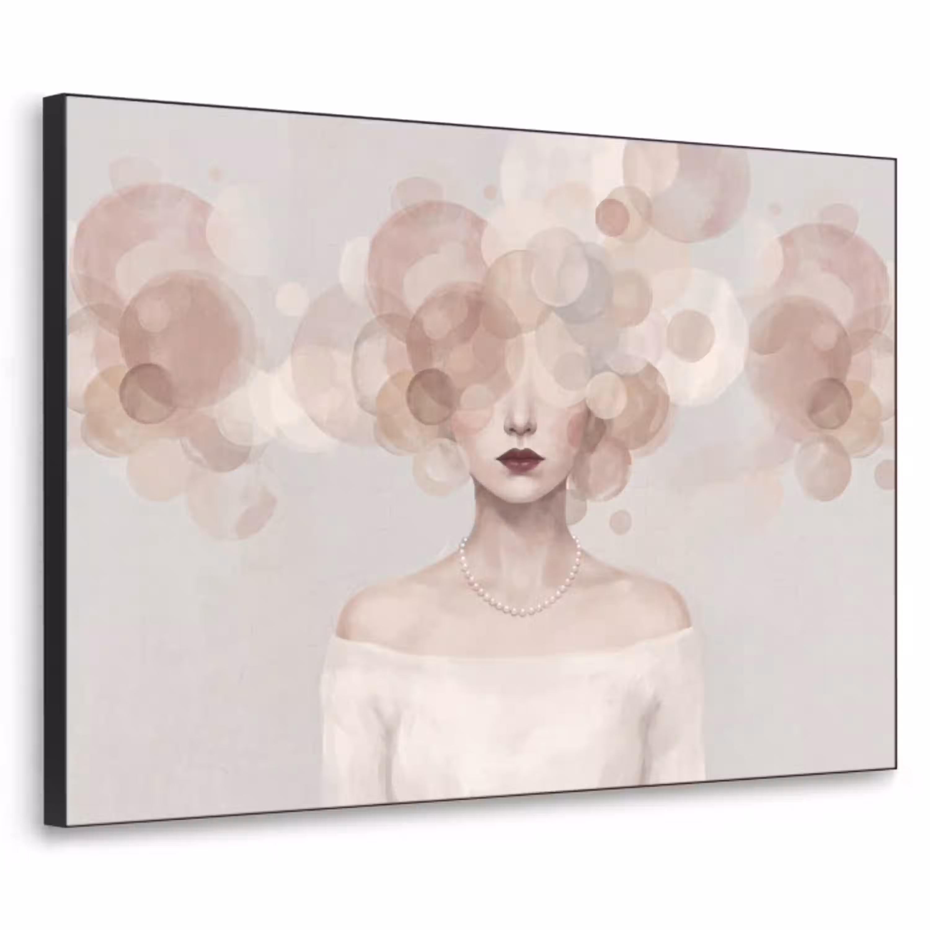 Vrouw - Cirkels - Beige Textielframe zwart klein -3d