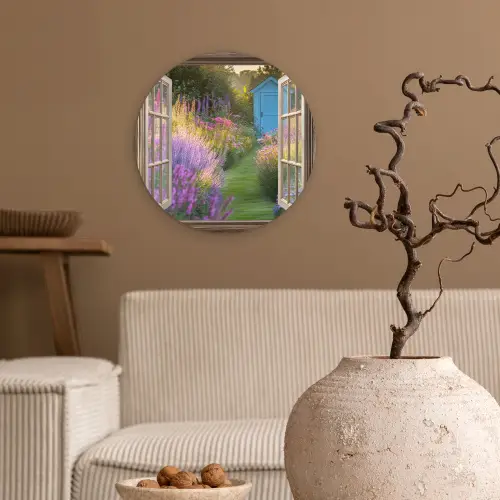 Doorkijk - Bloemen - Raam - Natuur Wandcirkel kunststof plaat 5mm dik klein -sfeer1