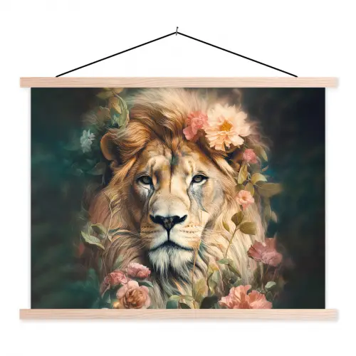 Leeuw - Leeuwenkop - Wilde dieren - Bloemen textielposter latten blank klein -3d