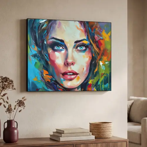 Gezicht - Vrouw - Olieverf - Kleurrijk - Kunst Textielframe zwart klein -sfeer3