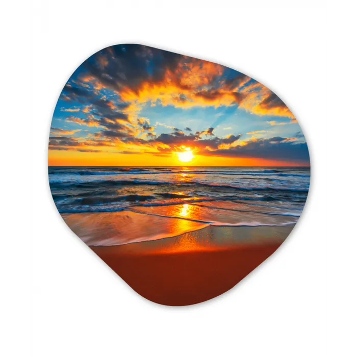 Zee - Zonsondergang - Strand - Wolken - Oranje Wandcirkel Organisch Forex 3mm klein -3d