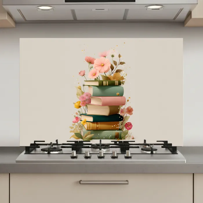 Boeken - Stapel - Bloemen - Kleurrijk keuken achterwand spatscherm klein -3d_website
