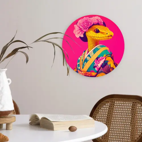 Hagedis - Bloemen - Roze - Kimono Wandcirkel plexiglas klein -sfeer4