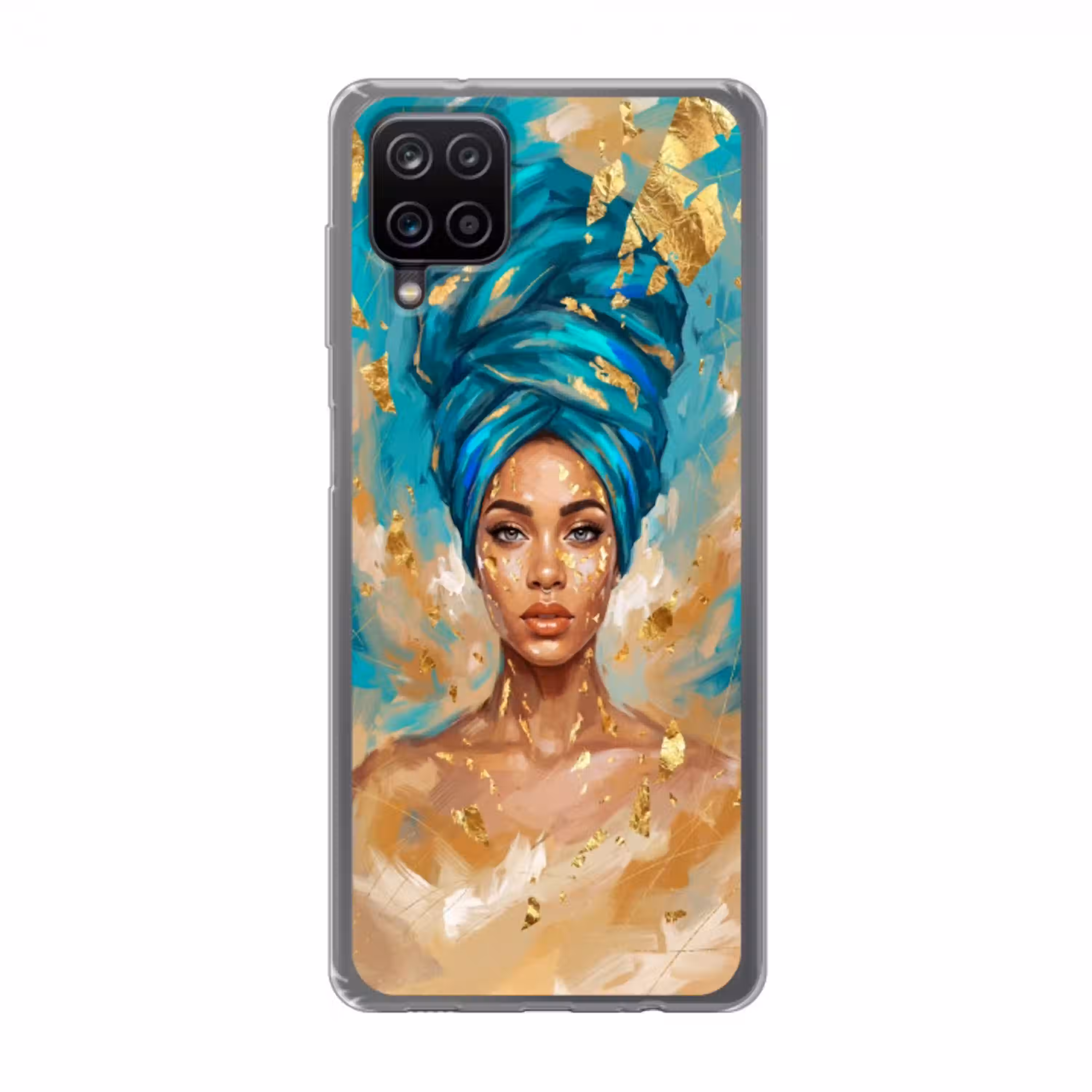 Portret - Vrouw - Schilderij - Blauw - Goud - Expressief Telefoonhoesje Samsung Galaxy A12 klein -3d